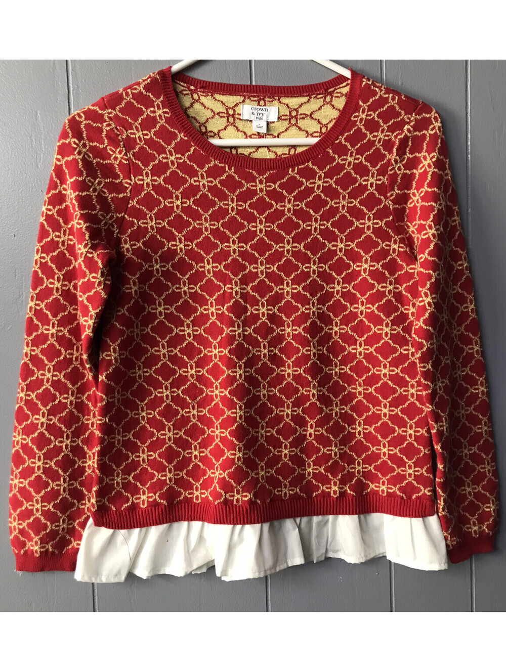 Crown & Ivy Kids 2Fer Sweater. Red with Gold Chain Pattern. Size Girls M.   NWT